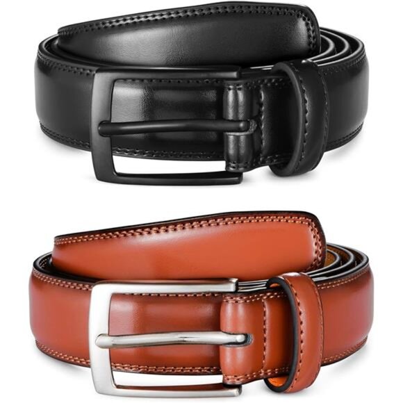 Mens Leather Dress Belt 2Pack Handmade Genuine Leather Work Business Casual - Picture 2 of 8